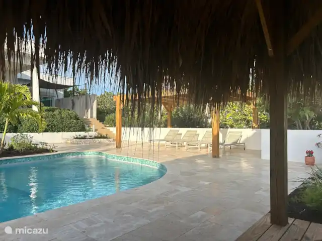 Palapa à côté de la piscine et pergola avec des fauteuils longs